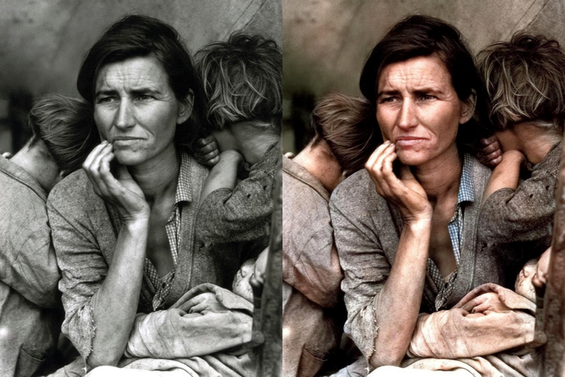 Madre migrante (1936) / a la derecha, la versión coloreada por Colourise.sg